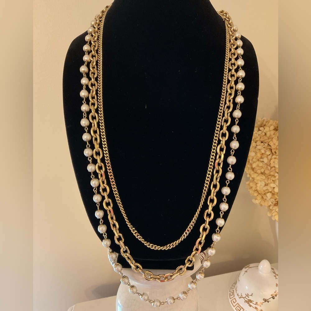 #75 Ann Taylor Triple Strand Goldtone & Pearl Necklace